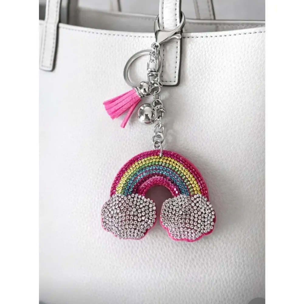 Rhinestone Pink Colorful Rainbow Bag Charm Key Chain New